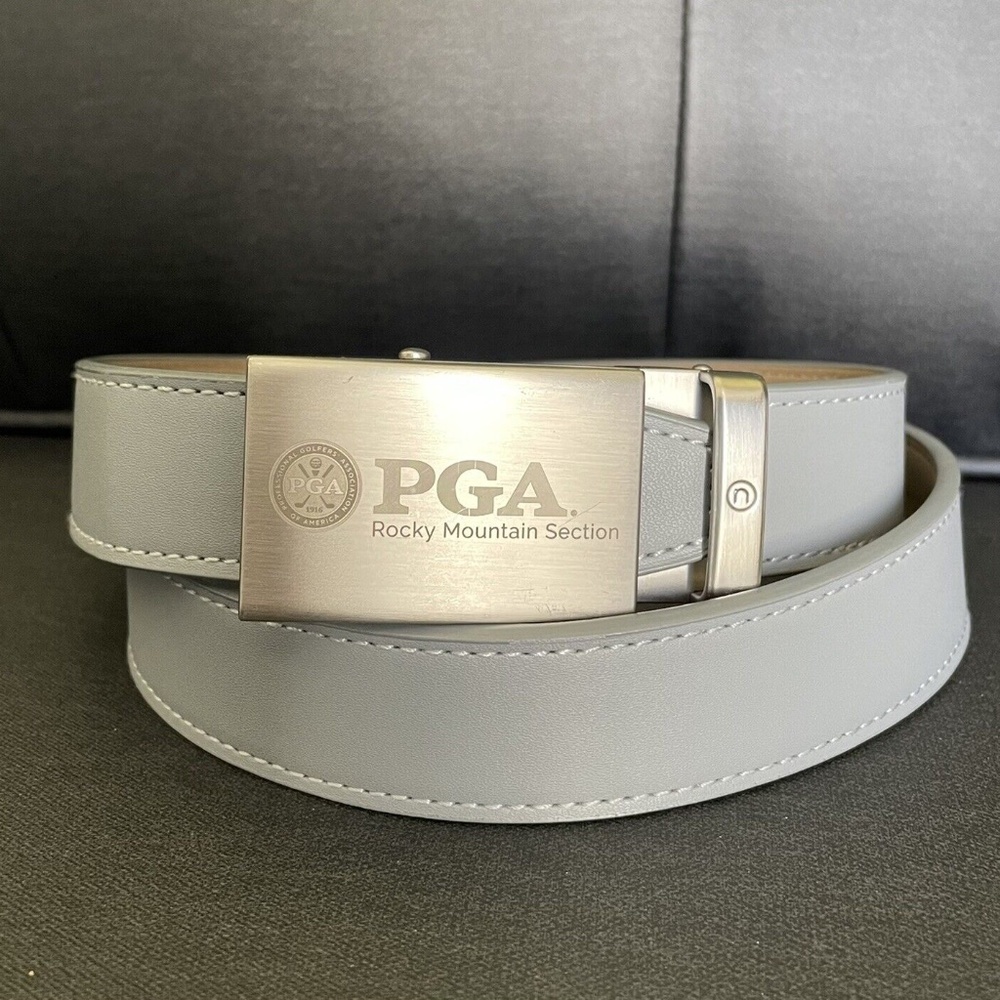NEXBELT Ratchet Men’s Belt PGA Rocky Mountain Gray Leather SJP7950 VGC
